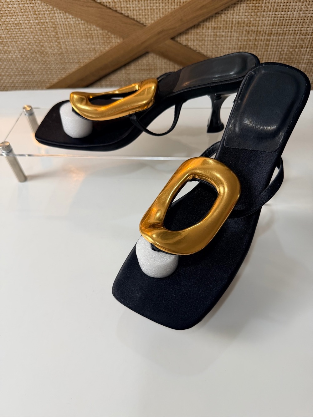 Women’s Black Satin Heeled Sandals Size 7 Gold Statement Square Toe Y2K